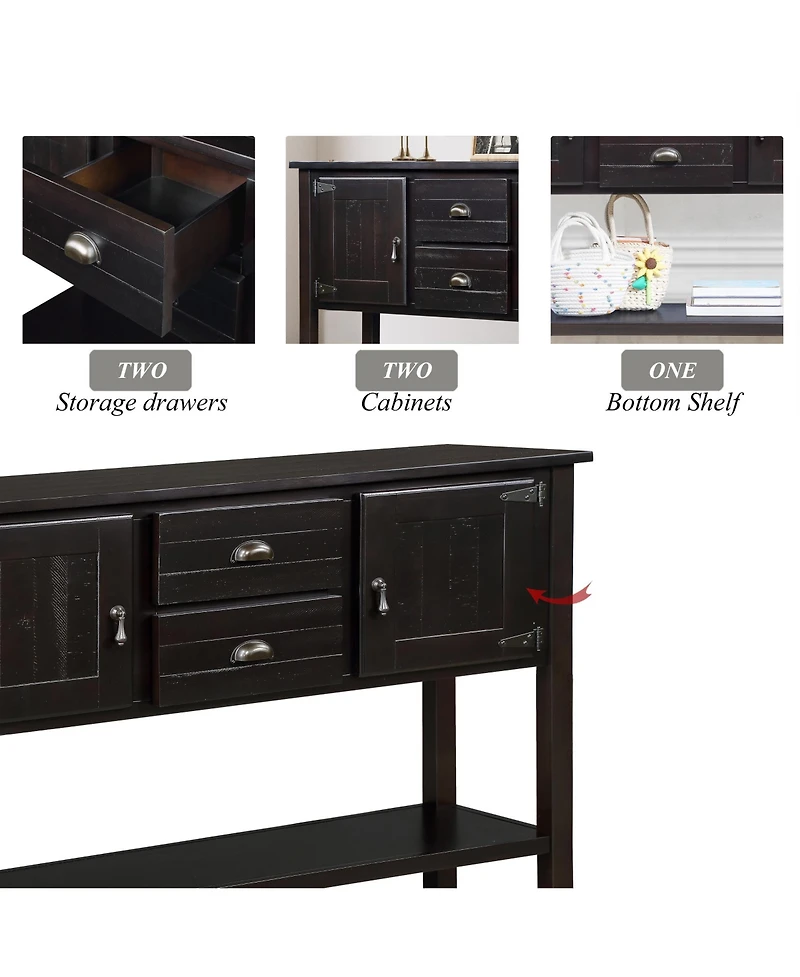 Rainsken Retro Solid Wood Console Table, Storage Sideboard Buffet Cabinet with 2 Drawers, Cabinets and Open Shelf for Living Room, Kitchen