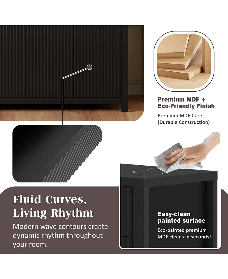 Rainsken Modern Fluted Sideboard Buffet Cabinet, Wood Console Table with 2 Drawers, 4 Doors and Adjustable Shelves for Living Room