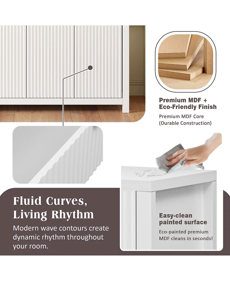 Rainsken Modern Fluted Sideboard Cabinet, Wood Storage Buffet Console with 2 Drawers, 4 Doors and Adjustable Shelves for Living Room