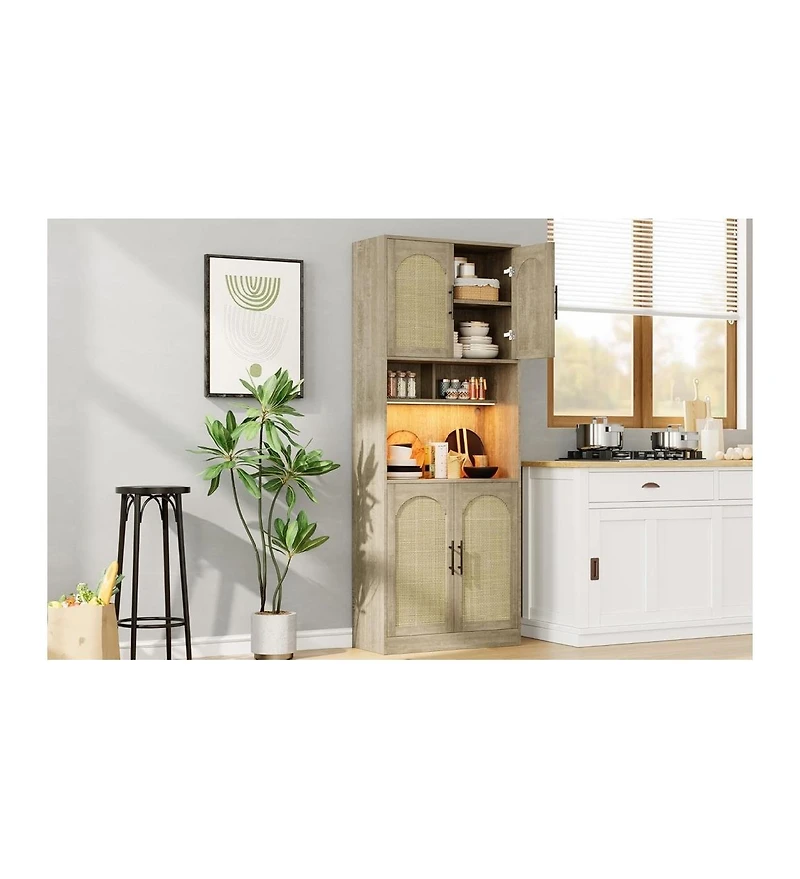 gaomon Pantry Cabinet with Countertop and Led Light Strip
