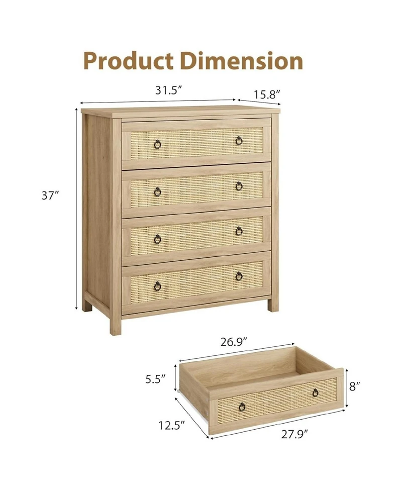 Gaomon Rattan 4 Drawer Bedroom Dresser Freestanding Storage Cabinet