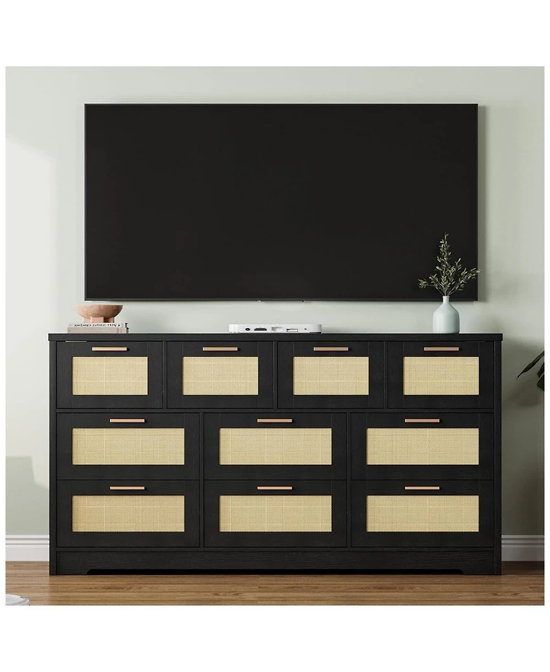 gaomon Wooden Dresser with Rattan Front and 10 Drawers for Bedroom