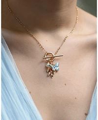 Fable England Enamel Blue Butterfly & Leaf Charm Necklace