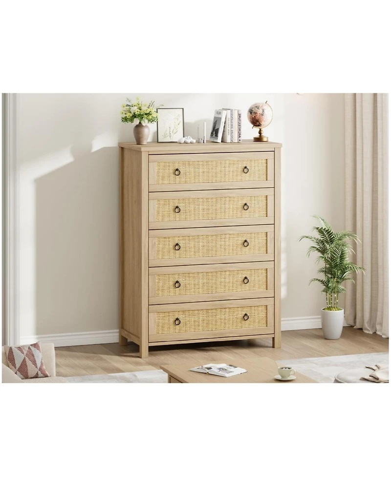 gaomon Rattan Bedroom Dresser with 5 Drawers Clothes Storage Cabinet