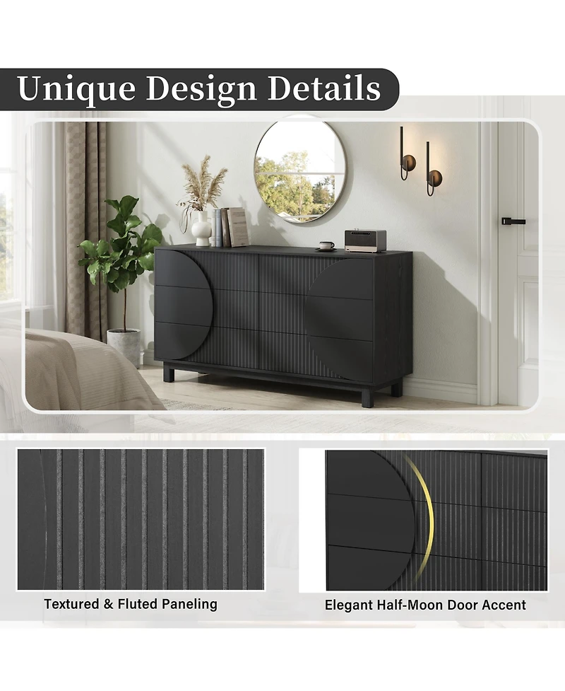 Rainsken Modern 6-Drawer Fluted Wooden Dresser – Geometric Round Accent Chest of Drawers, Spacious Storage Cabinet for Bedroom and Living Room