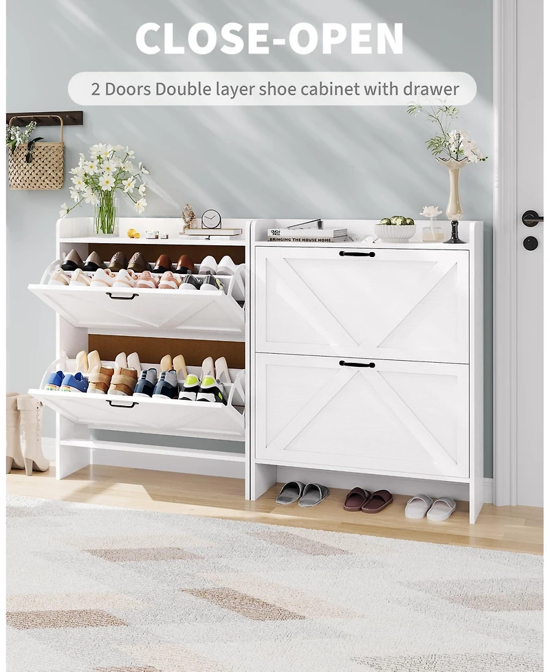 homfan Farmhouse Shoe Cabinet with 2 Flip Drawers, White, Slim Entryway Storage with Metal Legs