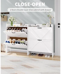 homfan Farmhouse Shoe Cabinet with 2 Flip Drawers, White, Slim Entryway Storage with Metal Legs