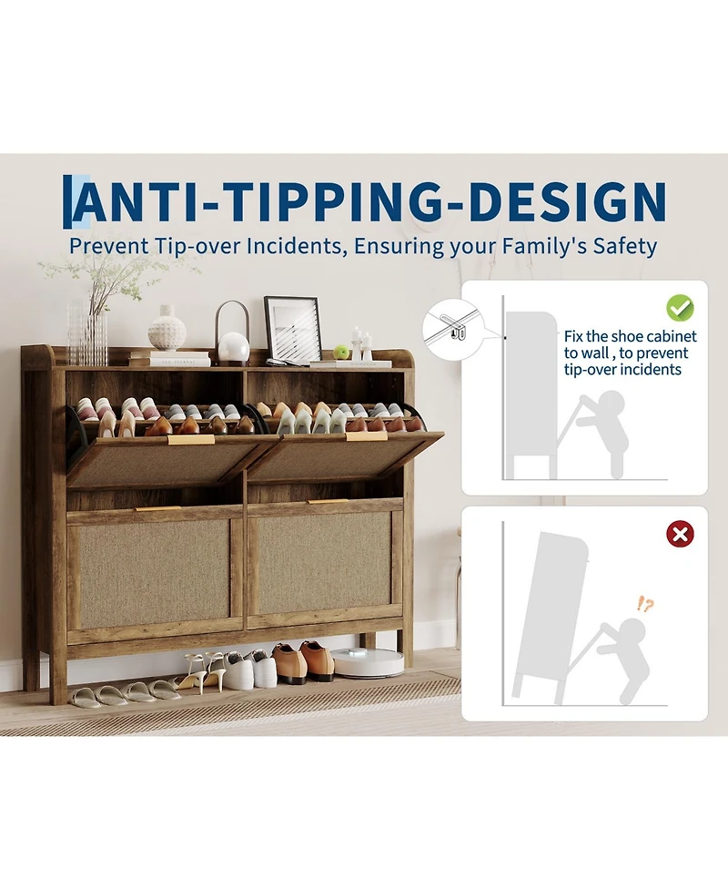 homfan Rattan Shoe Cabinet with 4 Flip Drawers, 47 Wide Slim Entryway Storage, 9.45 Depth