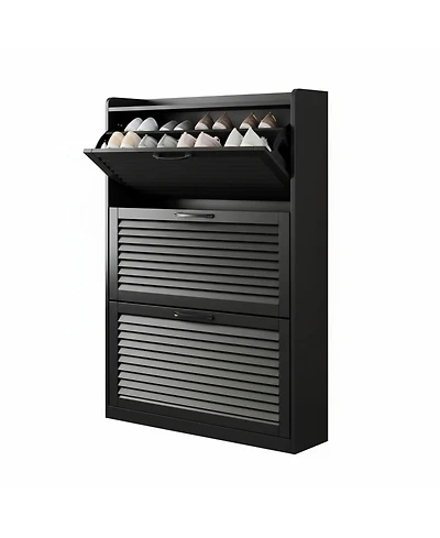 Yigii Shoe Storage Cabinet 2 Flip Louvered Doors Freestanding Organizer Metal Entryway Narrow Rack Large Capacity