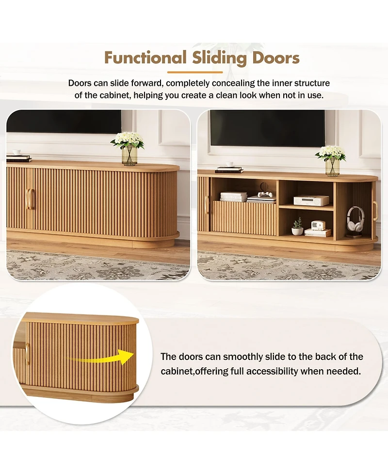 Rainsken Fluted Tv Stand for TVs up to 75", Farmhouse Media Console Entertainment Center with Sliding Wood Slatted Doors and Drawer for Living Room