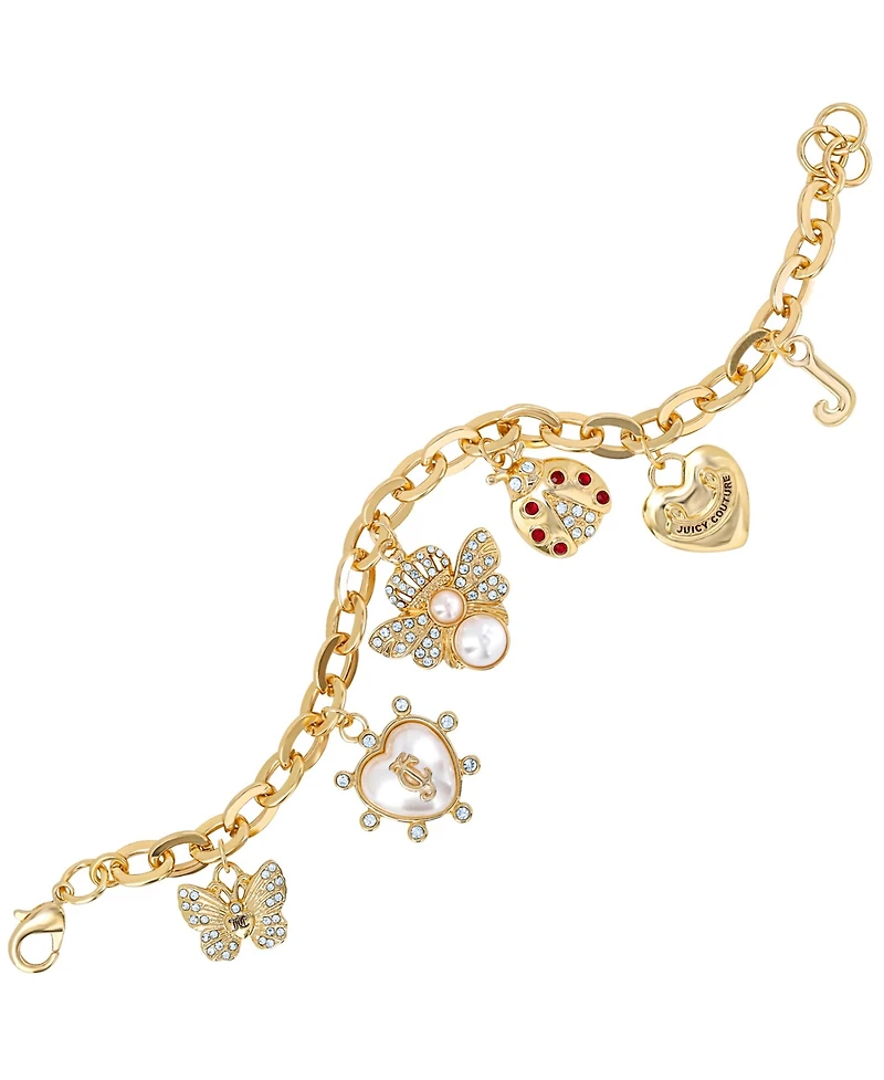 Juicy Couture Pearl & Icon Charm Bracelet, Gold Tone Link with Faux Pearls