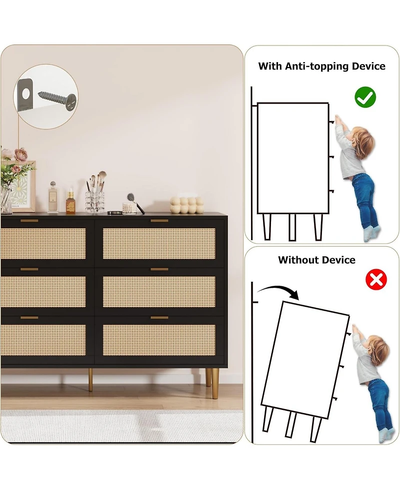 gaomon Rattan 6 Drawer Dresser for Bedroom, Modern Chest of Drawers with Gold Legs and Handles, Wide Double Large Tabletop