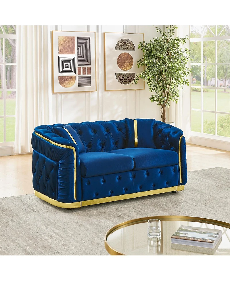 Streamdale Furniture Mid Century Modern Chesterfield Loveseat Couch, Velvet Blue & Gold Tufted Sofa