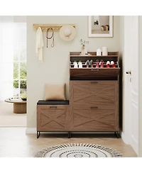 homfan Farmhouse Shoe Cabinet with 4 Flip Drawers and Upholstered Bench, Walnut Entryway Storage
