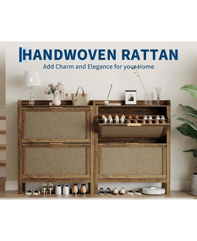 homfan Farmhouse Rattan Shoe Cabinet with 2 Flip Drawers, Brown, 32 in Narrow Entryway Storage