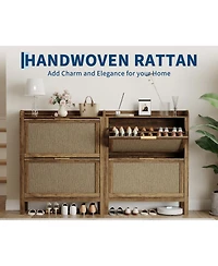 homfan Farmhouse Rattan Shoe Cabinet with 2 Flip Drawers, Brown, 32 in Narrow Entryway Storage