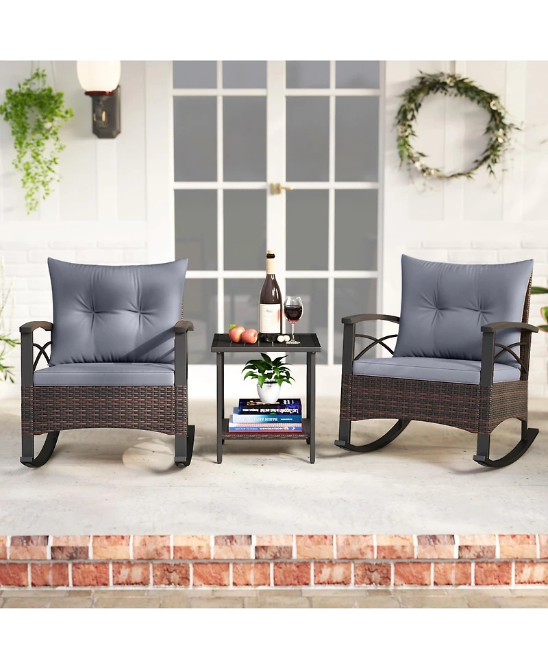 Gouun 3-Piece Outdoor Rocking Wicker Bistro Set with Acacia Wood Table