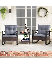 Gouun 3-Piece Outdoor Rocking Wicker Bistro Set with Acacia Wood Table