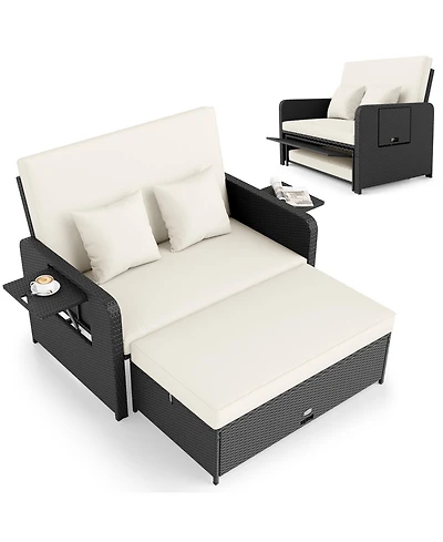 Gouun Outdoor Wicker Daybed with 4-Level Adjustable Backrest and Storage Ottoman