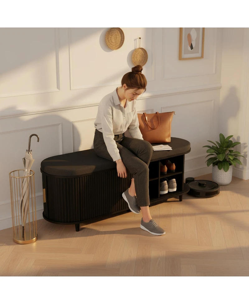 Yigii 2-Tier Storage Shoe Bench Thickened Padded Seat Mid Century Modern Fluted Sliding Door Adjustable Shelf