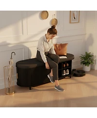 Yigii 2-Tier Storage Shoe Bench Thickened Padded Seat Mid Century Modern Fluted Sliding Door Adjustable Shelf