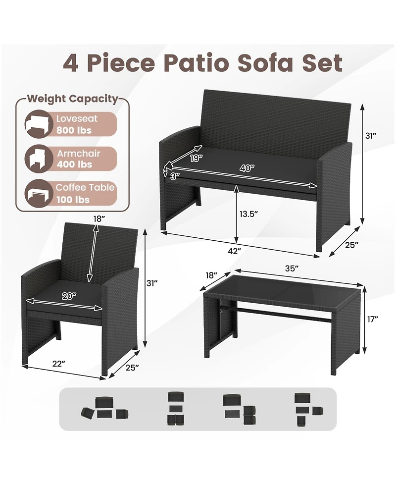 Gouun 4-Piece Patio Rattan Furniture Set with Removable Cushions and Glass Table