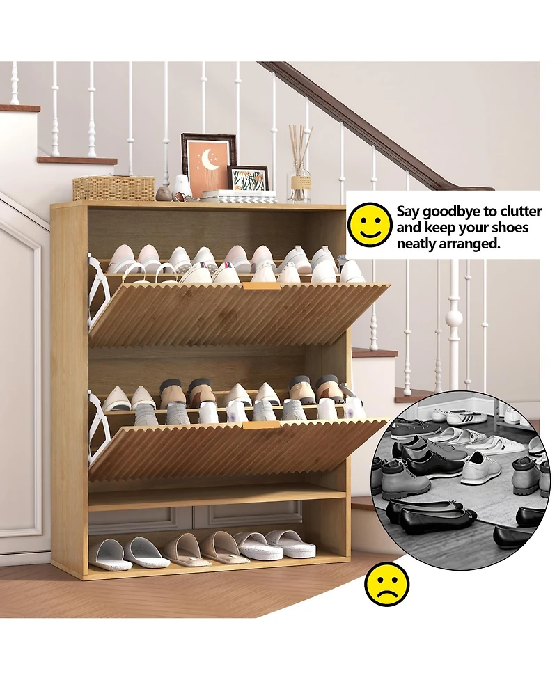 homfan Fluted Shoe Cabinet with 2 Flip Drawers, Open Bottom Shelf and Side Hooks for Entryway Storage