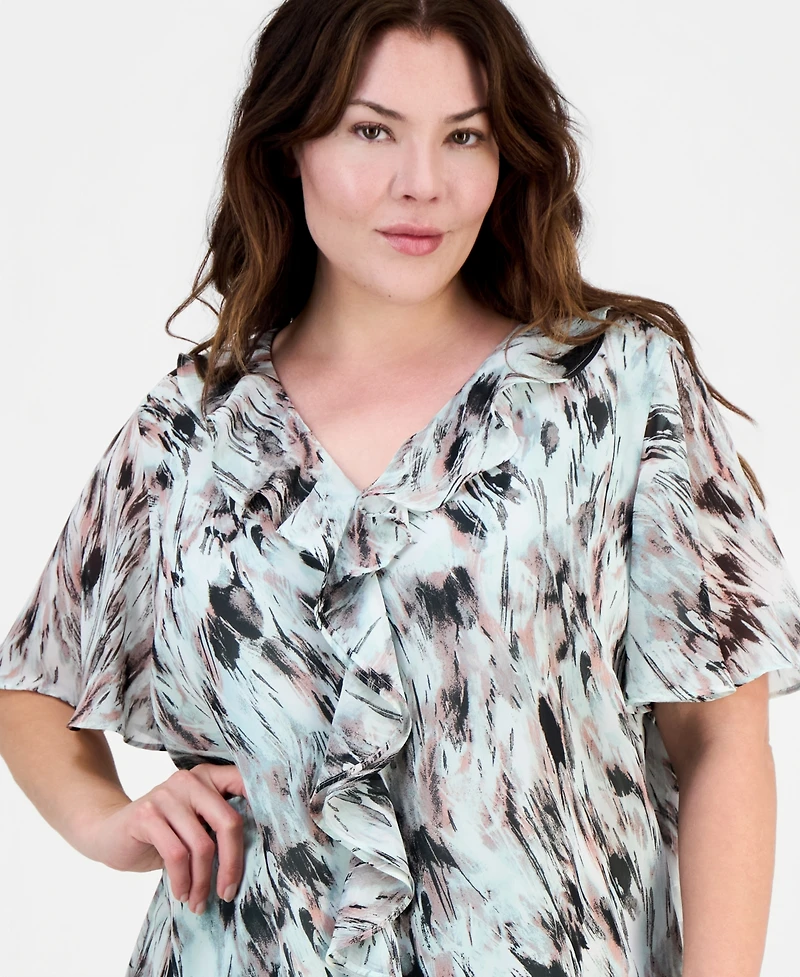 Kasper Plus Printed Ruffled Flutter-Sleeve Blouse