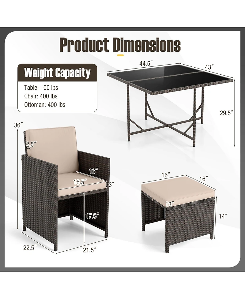 Gymax Set Of 9 Patio Dining Set with Tempered Glass Table and Ottoman Removable Cushions