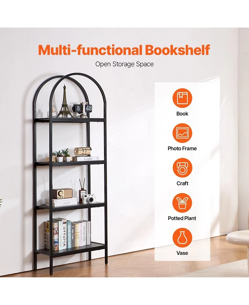 Sugift Metal Bookshelf, 4-Tier Arched Industrial Storage Unit for Living Room and Office