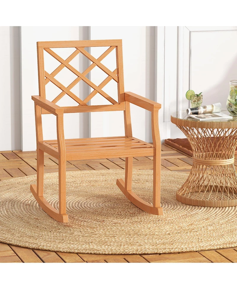 Sugift Teak Wood Oversized Rocking Chair with Slatted Seat and Back