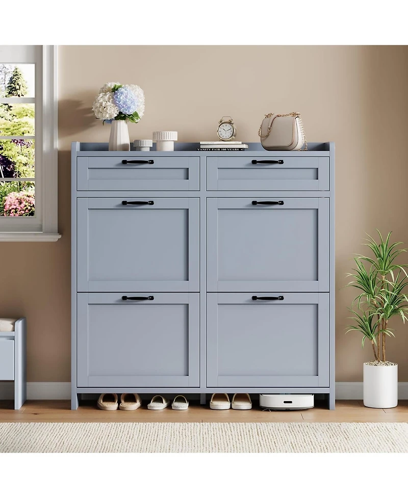 Homfan Shoe Cabinet with 4 Flip Drawers & 2 Top Drawers, Wooden Organizer Adjustable Shelf, Freestanding Storage Cabinets