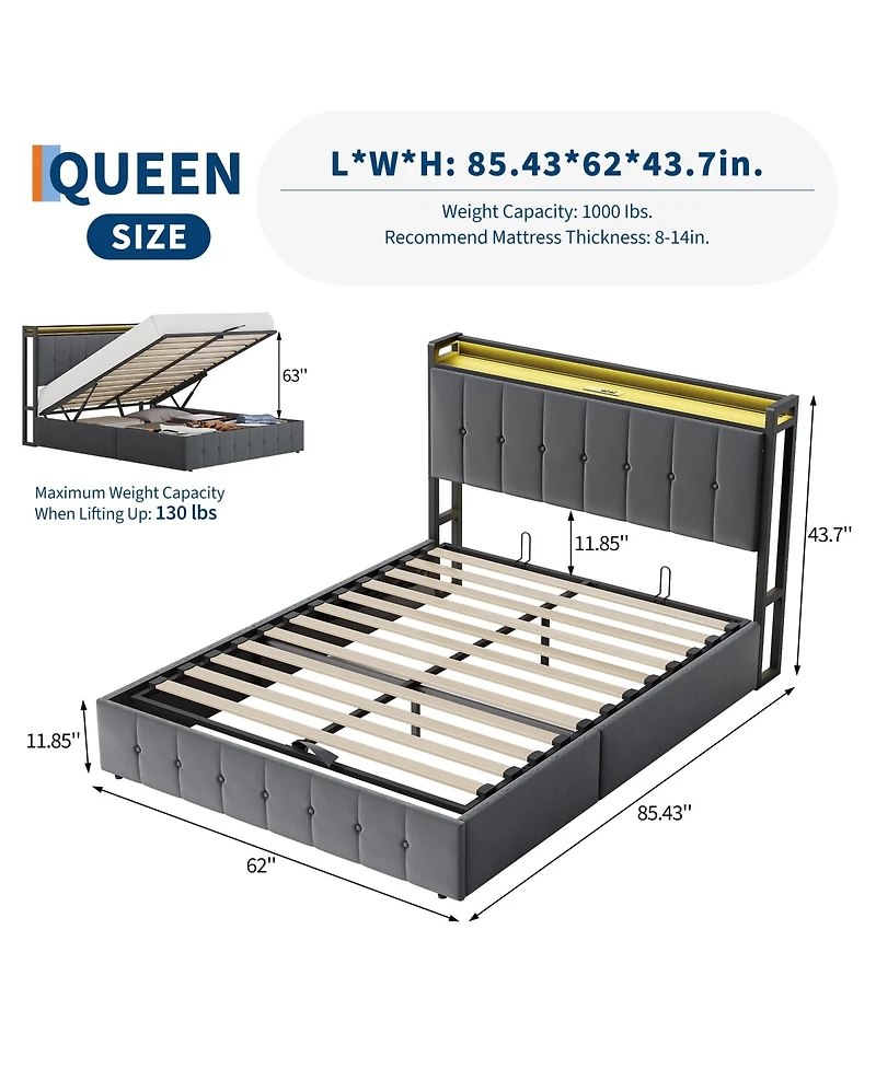 HomfanLift Up Bed Frame with Charging Station and Led Lights, Upholstered Button Tufted Wingback Storage Headboard