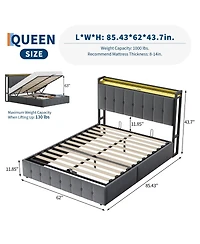 HomfanLift Up Bed Frame with Charging Station and Led Lights, Upholstered Button Tufted Wingback Storage Headboard