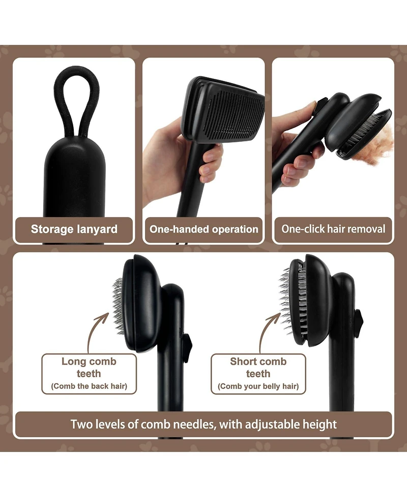 Aronkl Self Cleaning Deshedding Cat Brush Adjustable 2 Level Pins One Click Ergonomic Handle For Small Pets