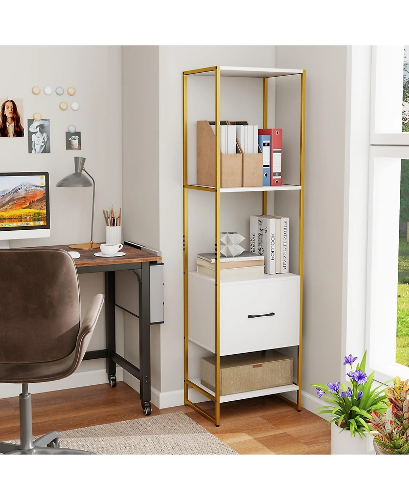 Slickblue Narrow 5-Tier Bookcase with Open Shelves and Storage Drawer