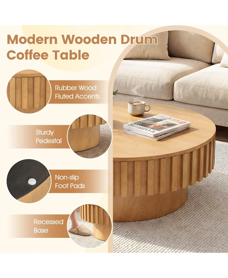 Slickblue Modern Round Wooden Drum Coffee Table with Hidden Storage Compartment