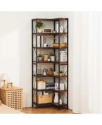 Sugift 7-Tier Corner Bookshelf, 79" Tall, Metal Frame and Wooden Shelves, Industrial