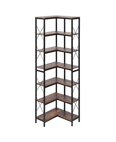 Sugift 7-Tier Corner Bookshelf, 79" Tall, Metal Frame and Wooden Shelves, Industrial