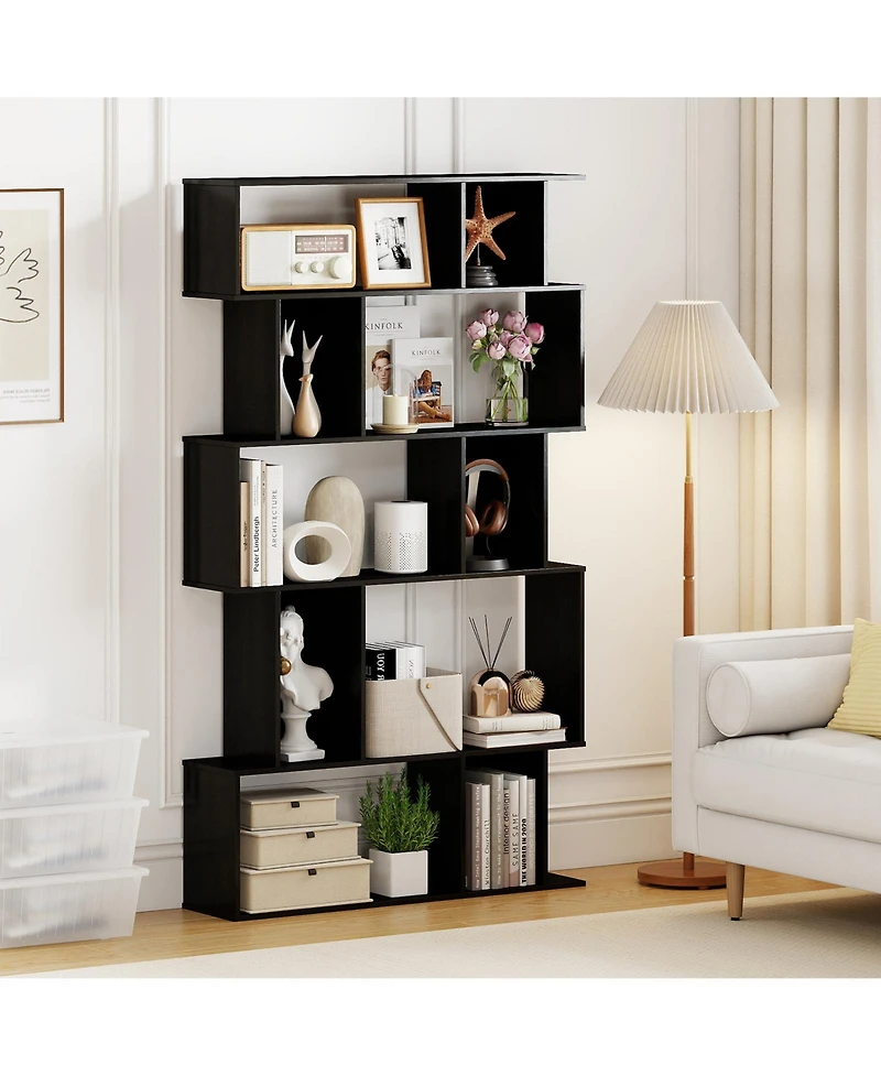 Sugift Five Tier Geometric Bookcase with Open Shelves and Cube Storage