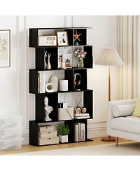 Sugift Five Tier Geometric Bookcase with Open Shelves and Cube Storage