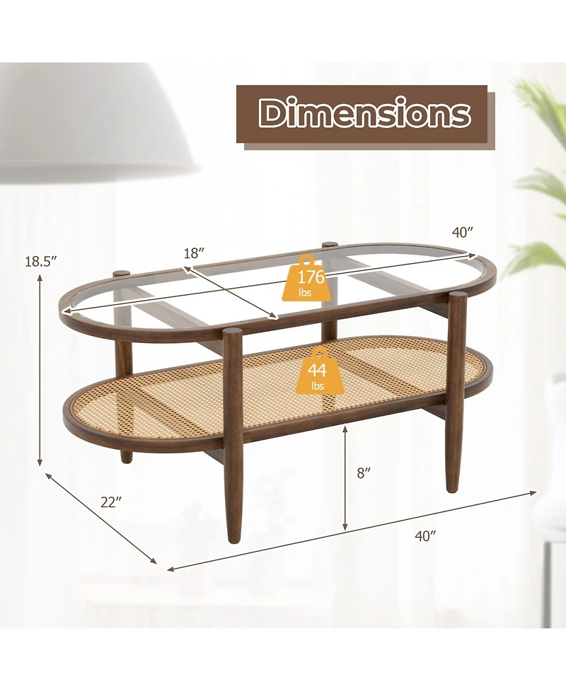 sumyeg Tempered Glass Tabletop and Acacia Wood Frame 2-Tier Coffee Table