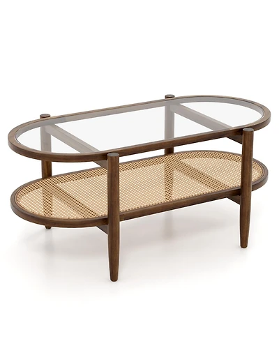 sumyeg Tempered Glass Tabletop and Acacia Wood Frame 2-Tier Coffee Table