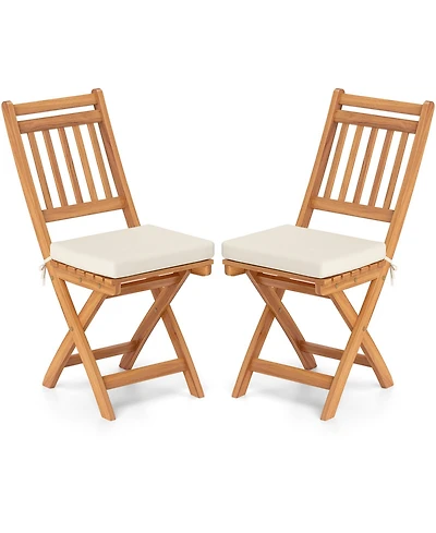 Gymax Folding Patio Chairs Set of 2 w/ Slatted Backrests and Soft Seat Cushions