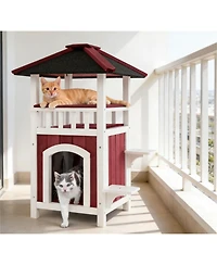 Zeus & Ruta 2 Story Wooden Cat House with Asphalt Roof Balcony and Rain Curtain for Outdoor Use