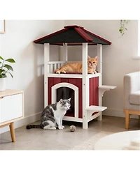 Zeus & Ruta 2 Story Wooden Cat House with Asphalt Roof Balcony and Rain Curtain for Outdoor Use