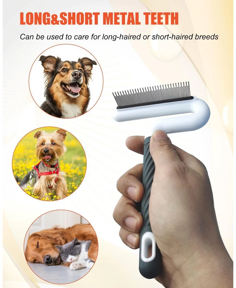 Aronkl 2 Pet Grooming Combs Long Short Stainless Steel Teeth T Straight Rubber Handle for Dogs Cats Flea Tick Hair Removal