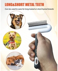 Aronkl 2 Pet Grooming Combs Long Short Stainless Steel Teeth T Straight Rubber Handle for Dogs Cats Flea Tick Hair Removal