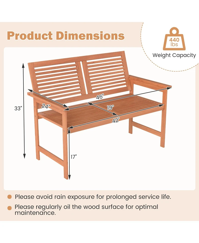 Sugift Outdoor Wooden Patio Bench for Two with Slatted Back and Seat