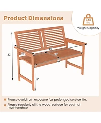 Sugift Outdoor Wooden Patio Bench for Two with Slatted Back and Seat